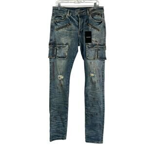 Bluecarats Spade Slim Fit Cargo Pockets Jeans Distressed Utility Punk